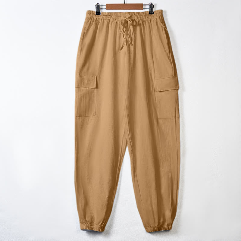 Herren-Cargohose aus Leinen mit Kordelzug und Taschen