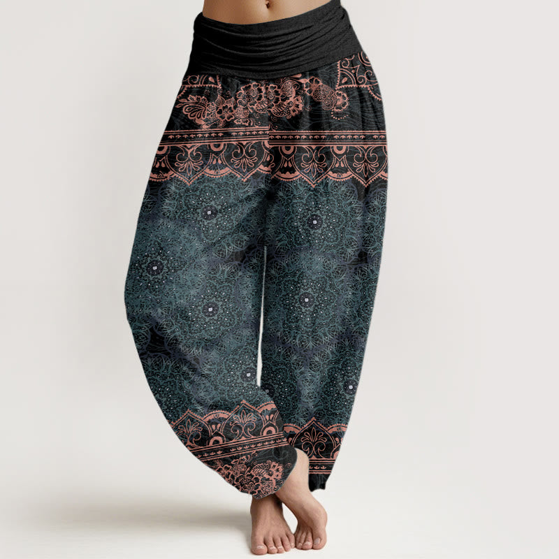 Elegante Haremshose aus Baumwolle, Mandala-Blumenmuster und elastischem Bund für Damen