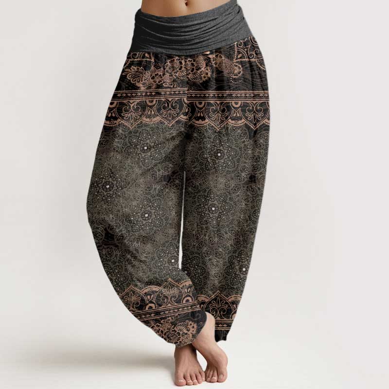 Elegante Haremshose aus Baumwolle, Mandala-Blumenmuster und elastischem Bund für Damen