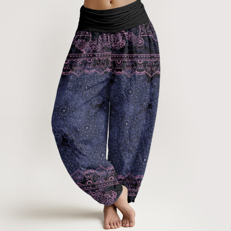 Elegante Haremshose aus Baumwolle, Mandala-Blumenmuster und elastischem Bund für Damen