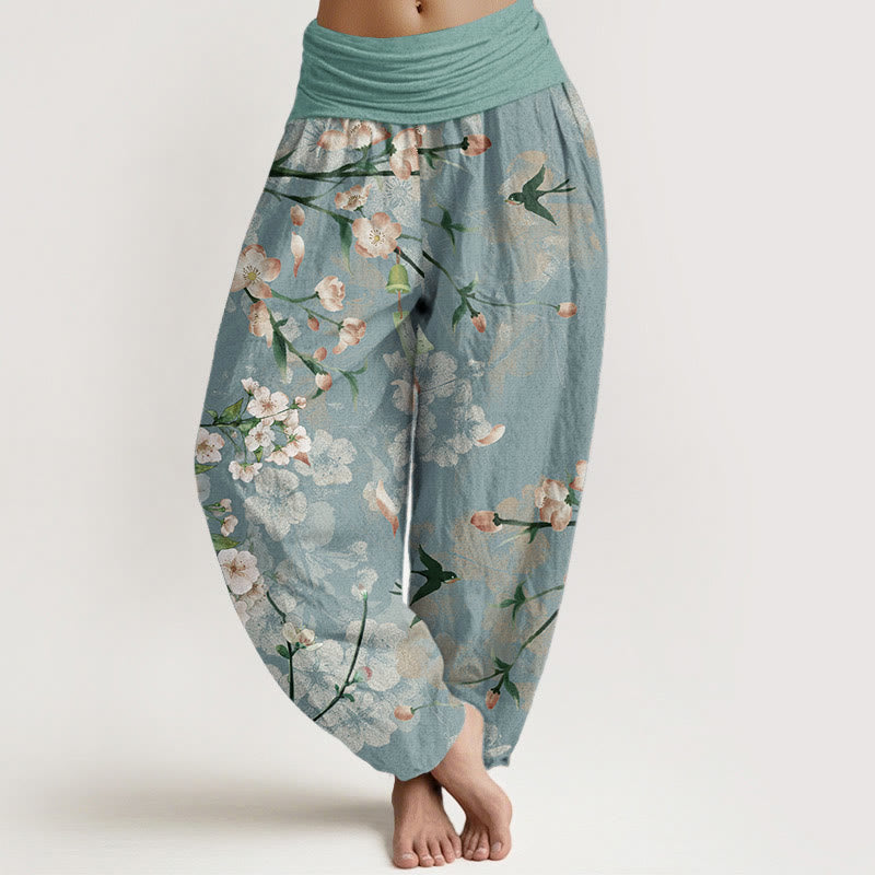 Damen-Haremshose aus reiner Baumwolle mit Pfirsichblüten- und fliegenden Gänsemuster und elastischer Taille
