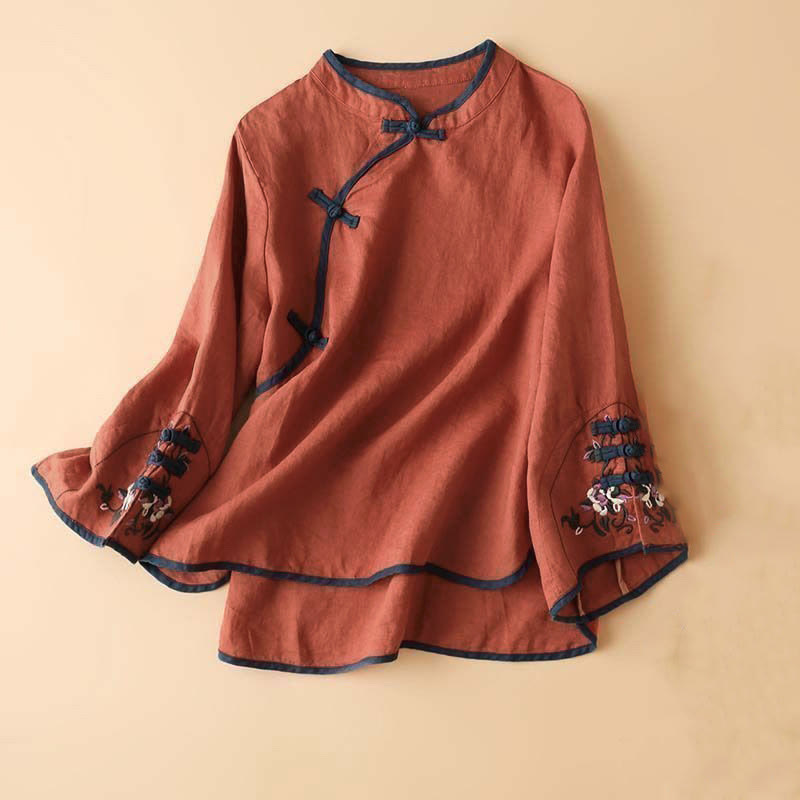 Langarm-Damenshirt, Retro-Blumenstickerei-Design