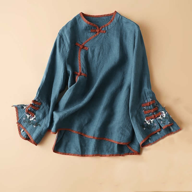 Langarm-Damenshirt, Retro-Blumenstickerei-Design