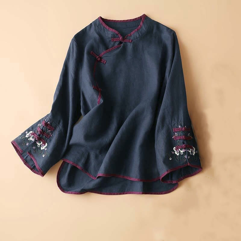 Langarm-Damenshirt, Retro-Blumenstickerei-Design