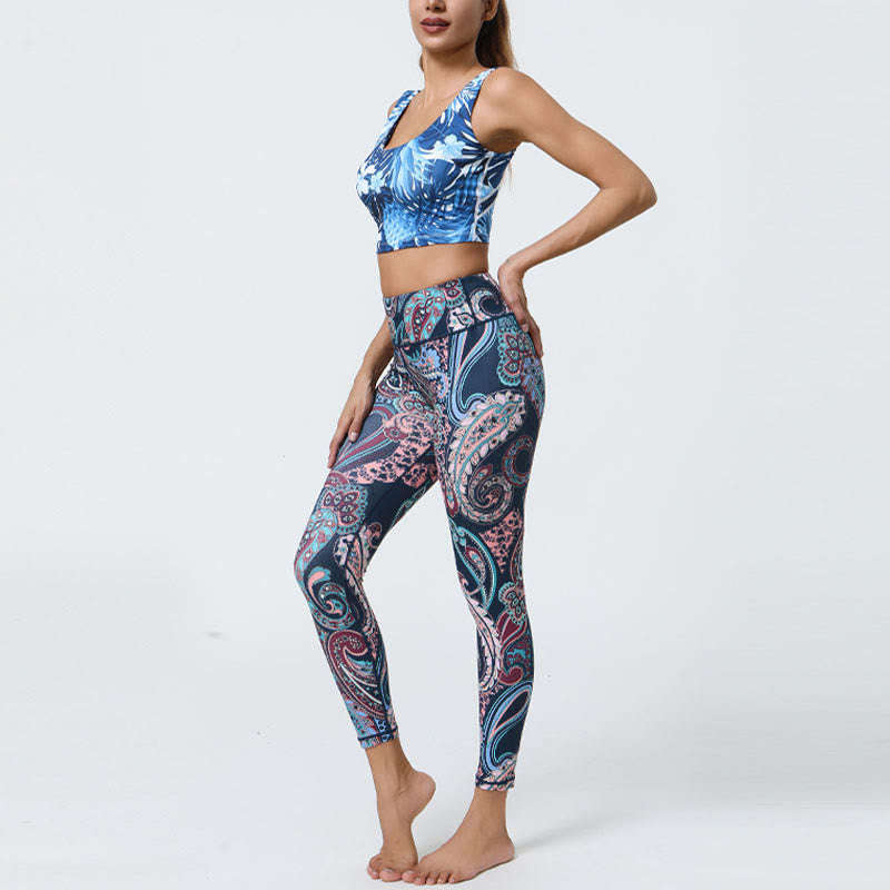 Leggings, Blumen, Federn, Sonne und Mond-Print, Sport, Fitness- und Yoga-Leggings mit hohem Bund für Damen
