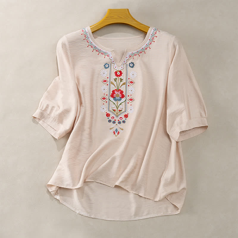 Frühlings-Boho-T-Shirts mit Stickerei und ellbogenlangen Ärmeln für Damen