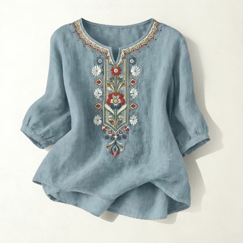 Frühlings-Boho-T-Shirts mit Stickerei und ellbogenlangen Ärmeln für Damen