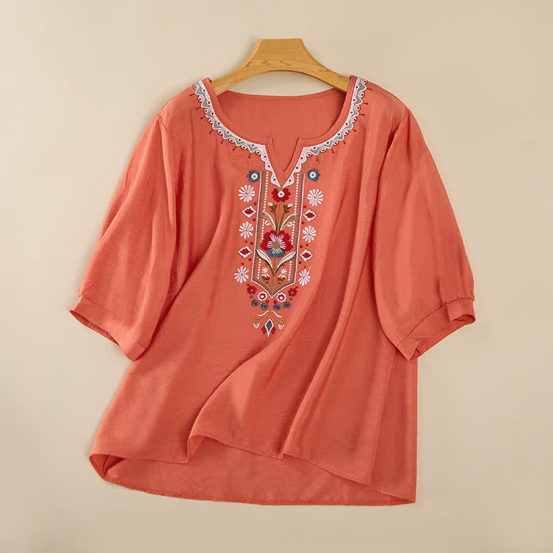 Frühlings-Boho-T-Shirts mit Stickerei und ellbogenlangen Ärmeln für Damen