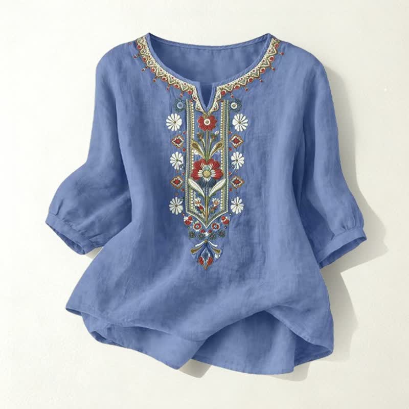 Frühlings-Boho-T-Shirts mit Stickerei und ellbogenlangen Ärmeln für Damen