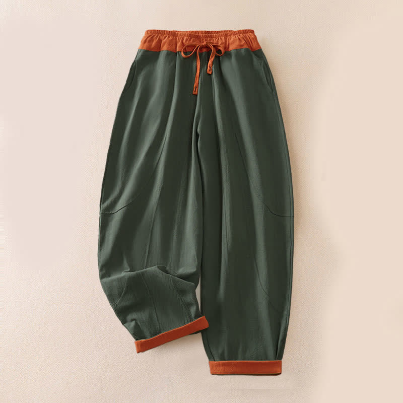 Lässige, frühlingshafte Haremshose aus einfarbiger Baumwolle mit Kordelzug und Taschen für Damen