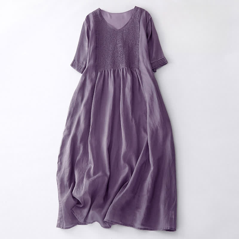 Lässiges, plissiertes Midikleid mit V-Ausschnitt, kurzen Ärmeln und Taschen