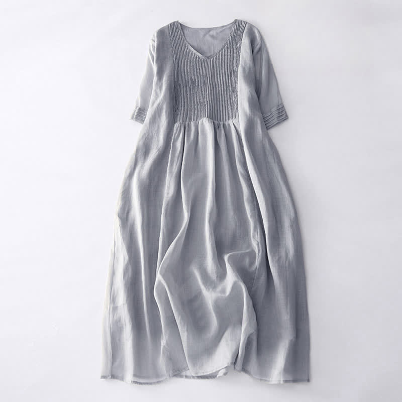 Lässiges, plissiertes Midikleid mit V-Ausschnitt, kurzen Ärmeln und Taschen