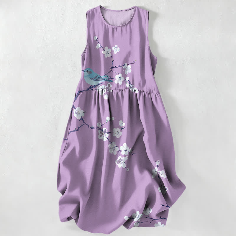Lässiges, sommerliches, ärmelloses Midikleid für Damen mit Blüten, Vogel- und Zweigmuster und Taschen