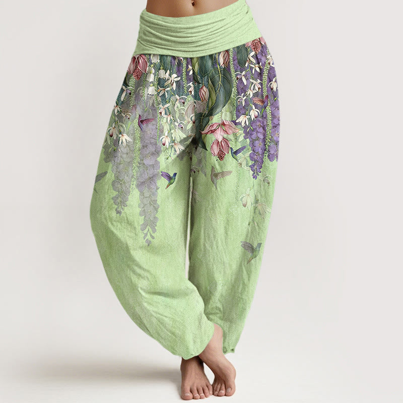 Damen-Haremshose aus reiner Baumwolle mit Orchideen- und Vogelmuster, elastischer Bund