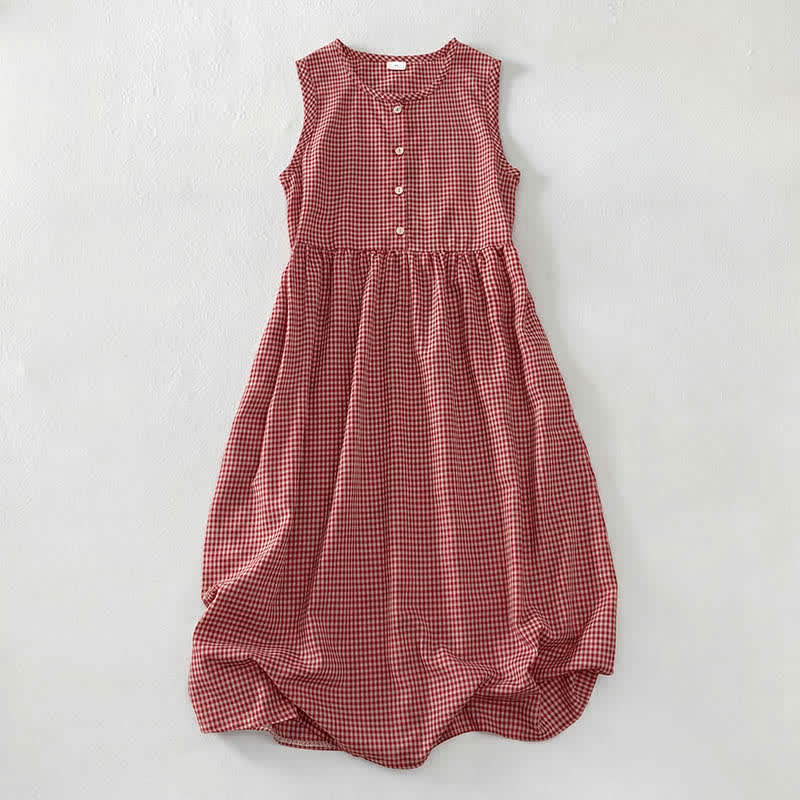 Sommerliches Vintage-Sommerkleid für Damen aus Baumwolle mit Karomuster, Rundhalsausschnitt, Knopfleiste und Tasche, ärmellos, aus Baumwolle, mit Tasche
