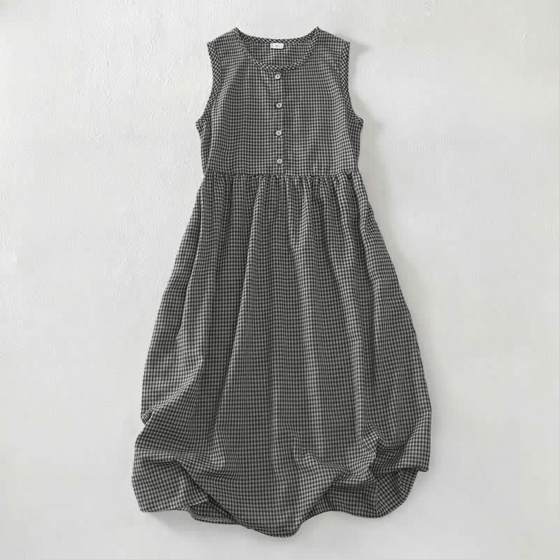 Sommerliches Vintage-Sommerkleid für Damen aus Baumwolle mit Karomuster, Rundhalsausschnitt, Knopfleiste und Tasche, ärmellos, aus Baumwolle, mit Tasche