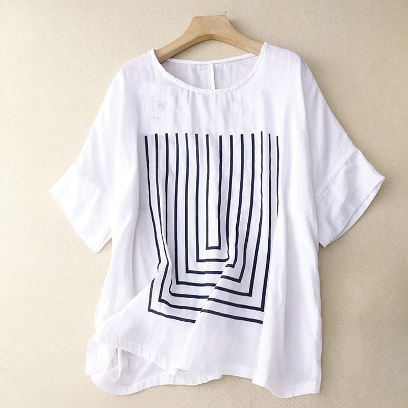 Lässiges Damen-T-Shirt aus Baumwolle und Leinen und Liniendruckmuster