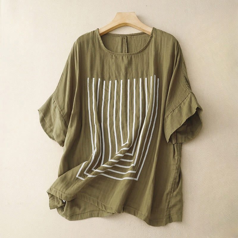 Lässiges Damen-T-Shirt aus Baumwolle und Leinen und Liniendruckmuster