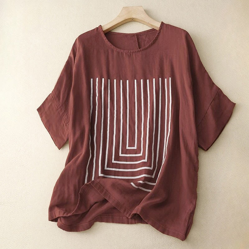 Lässiges Damen-T-Shirt aus Baumwolle und Leinen und Liniendruckmuster