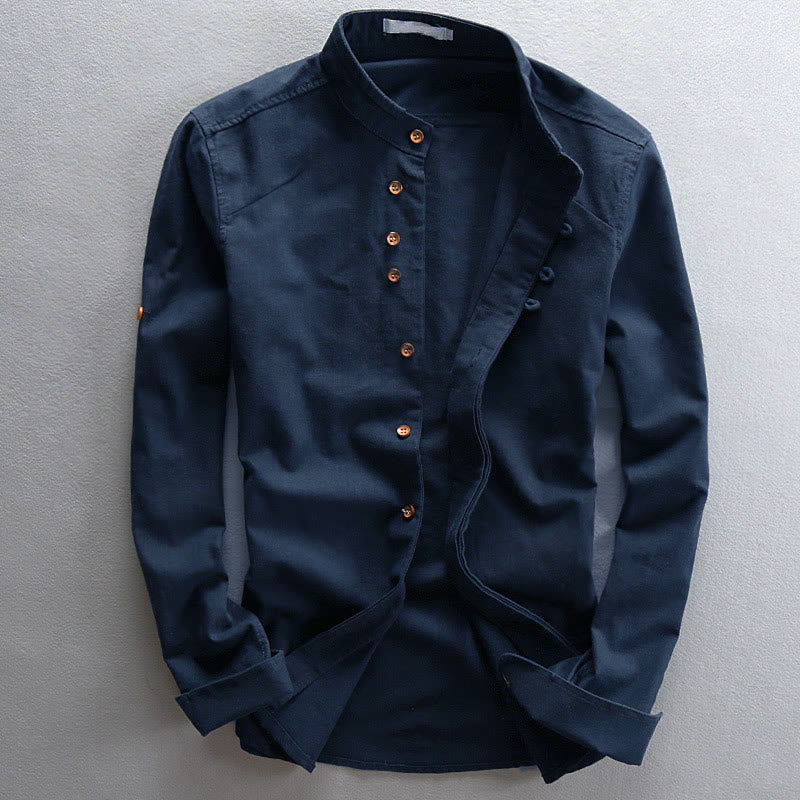 Slim Fit Design Stehkragen Rundhals Baumwoll-Leinen Herren Langarmhemd