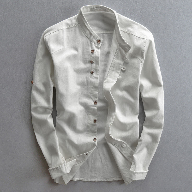 Slim Fit Design Stehkragen Rundhals Baumwoll-Leinen Herren Langarmhemd