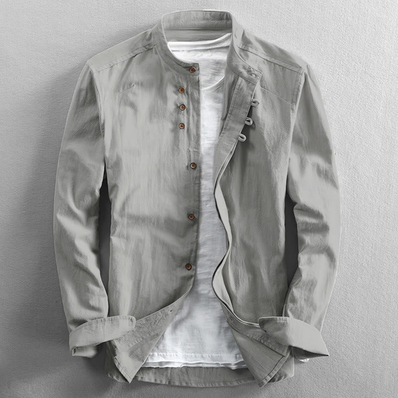 Slim Fit Design Stehkragen Rundhals Baumwoll-Leinen Herren Langarmhemd