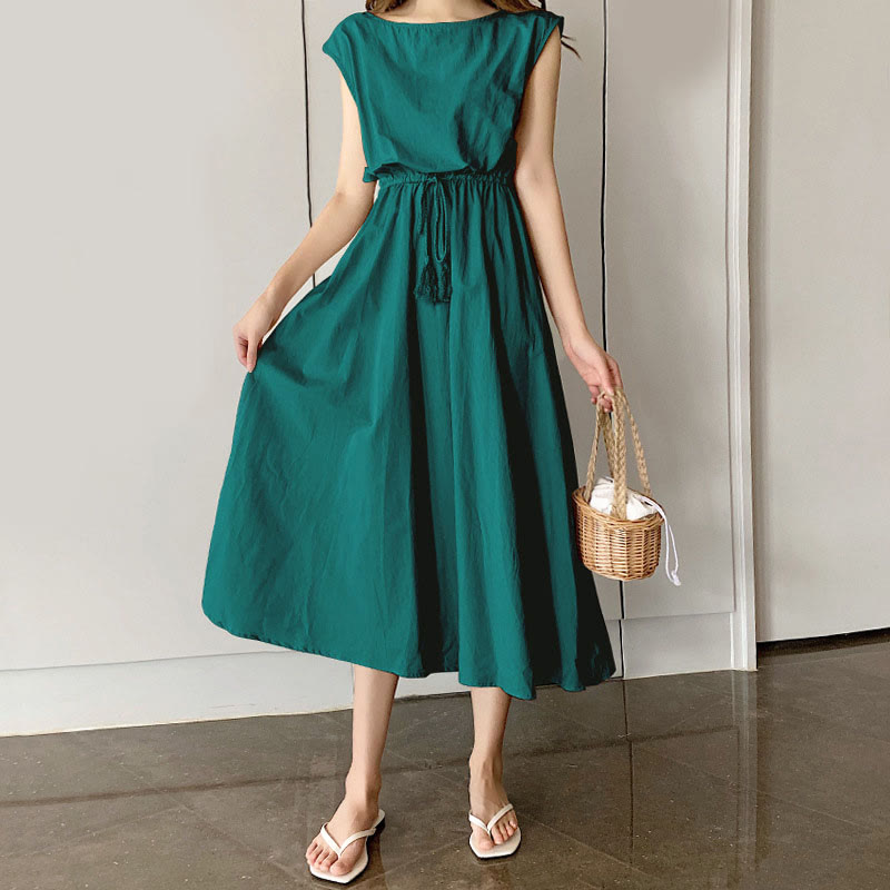 Casual Eastic Kurzarm-Midikleid mit Kordelzug in der Taille