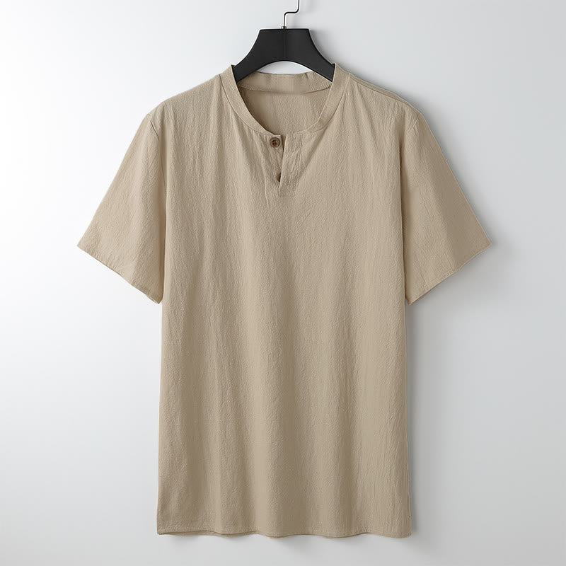 Herren-T-Shirt, locker geschnitten, einfarbig, Kurzarm, Knopfleiste, V-Ausschnitt, weiches Hemd