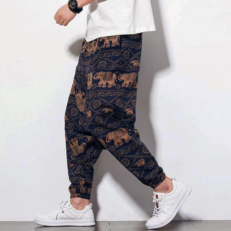 Elephant Braun Schwarz Print Herren Lange Cropped Haremshose mit Taschen