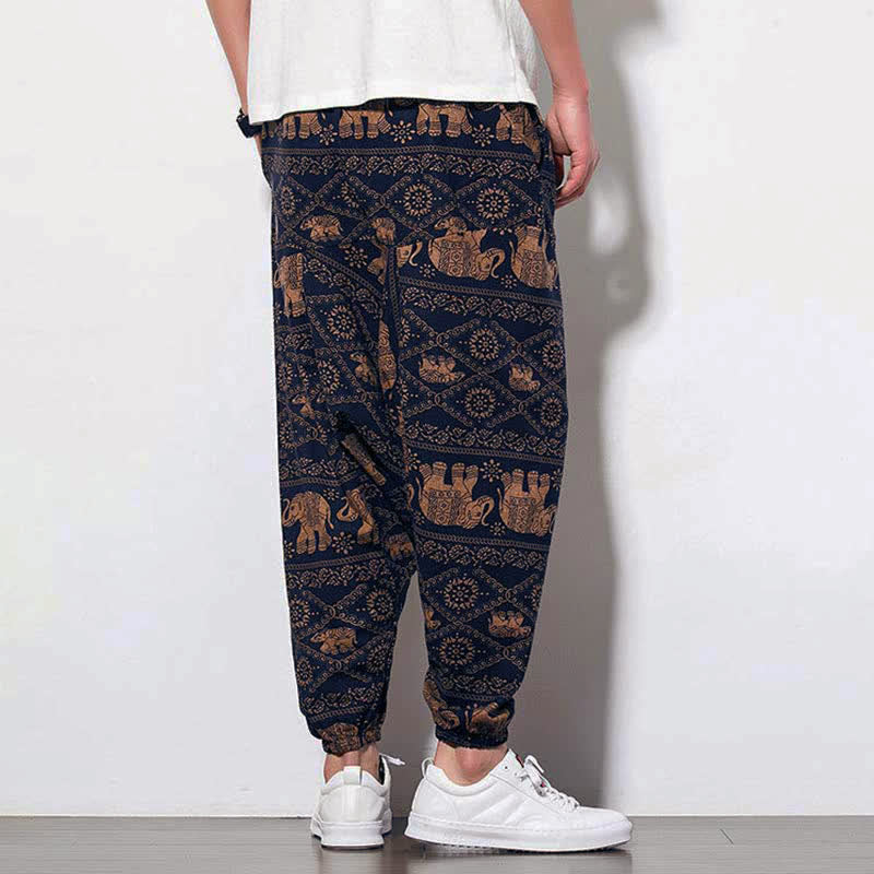 Elephant Braun Schwarz Print Herren Lange Cropped Haremshose mit Taschen