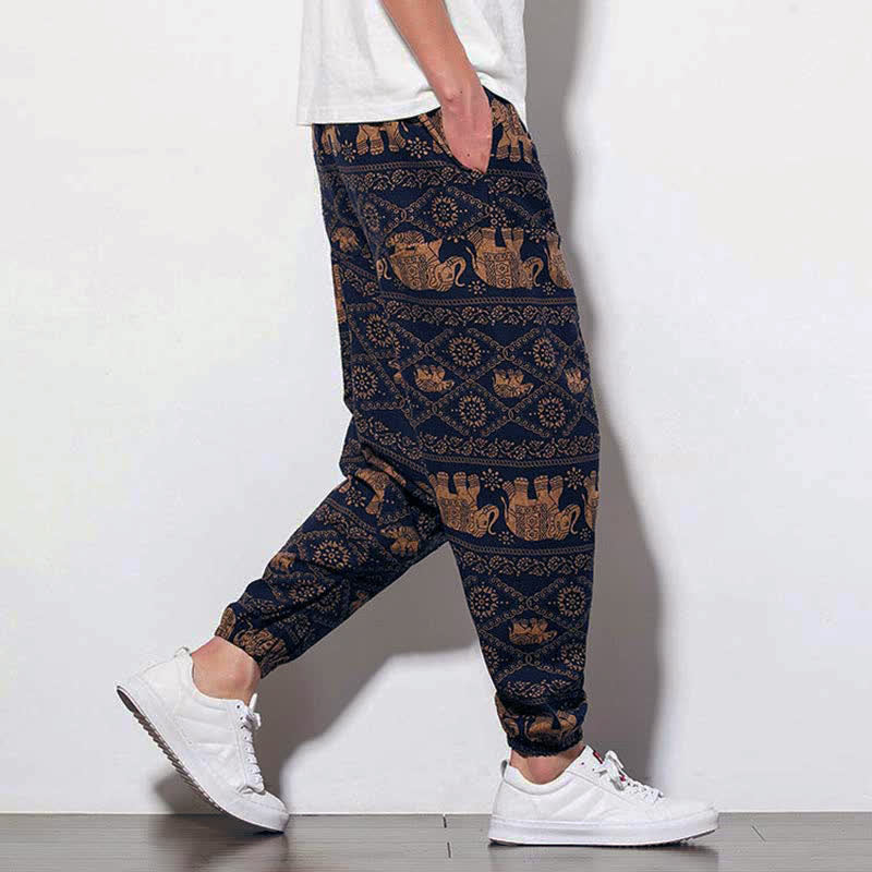 Elephant Braun Schwarz Print Herren Lange Cropped Haremshose mit Taschen