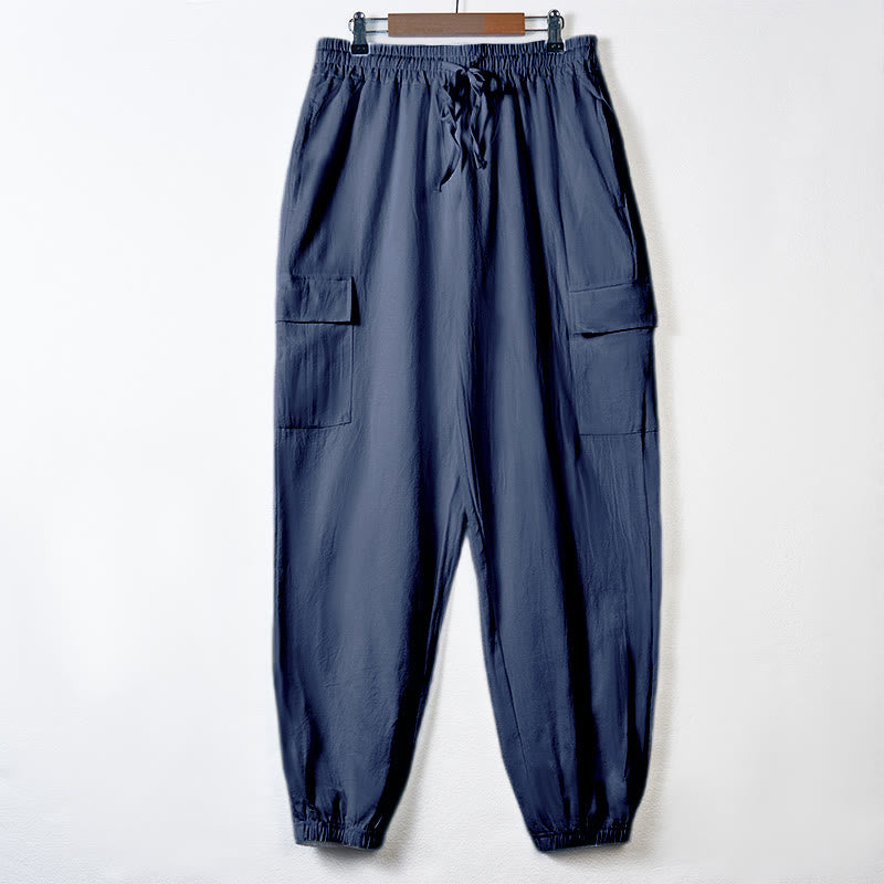 Herren-Cargohose aus Leinen mit Kordelzug und Taschen