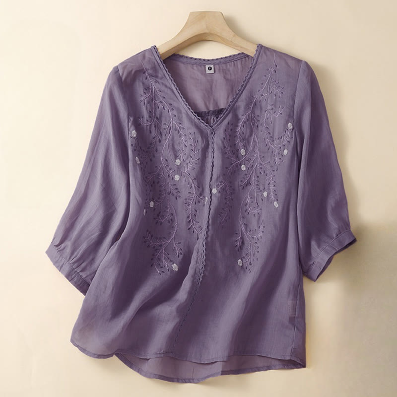 Sommer-Freizeit-T-Shirt mit Blumenzweig-Stickerei, V-Ausschnitt und halben Ärmeln für Damen