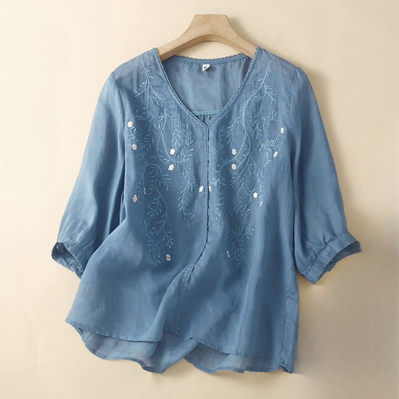 Sommer-Freizeit-T-Shirt mit Blumenzweig-Stickerei, V-Ausschnitt und halben Ärmeln für Damen