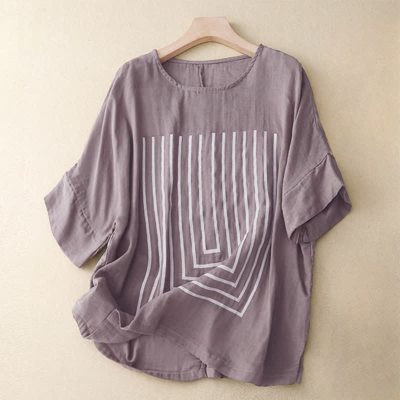 Lässiges Damen-T-Shirt aus Baumwolle und Leinen und Liniendruckmuster