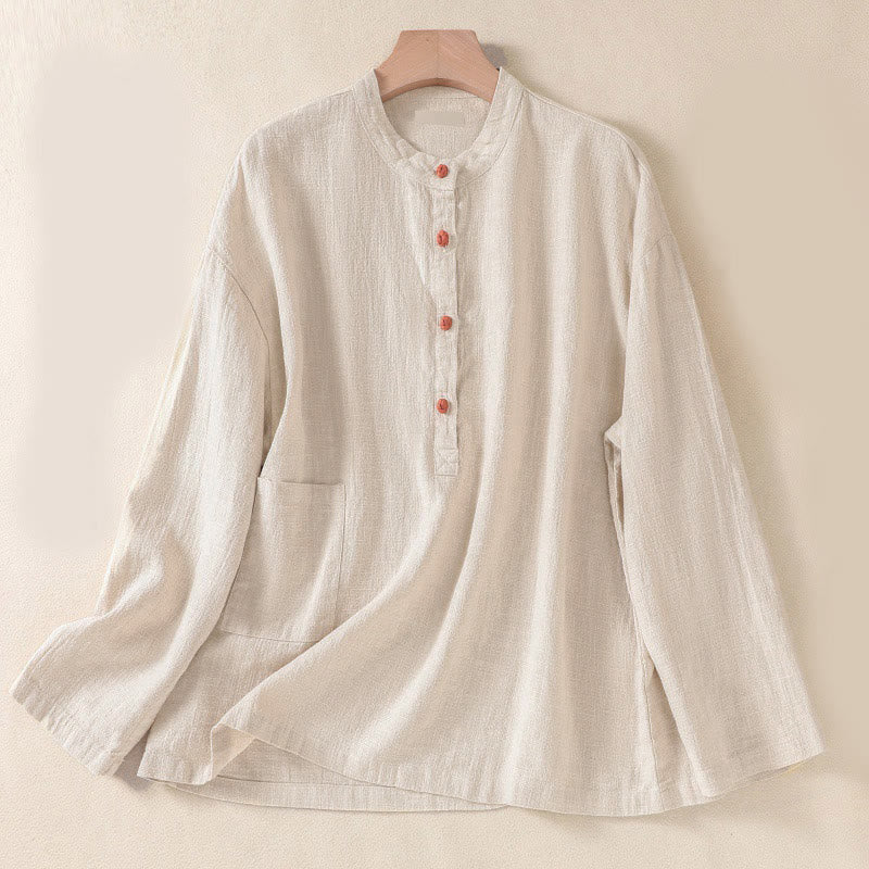 Lässiges Damen-Langarmshirt mit Rundhalsausschnitt, Knopfleiste und Taschen