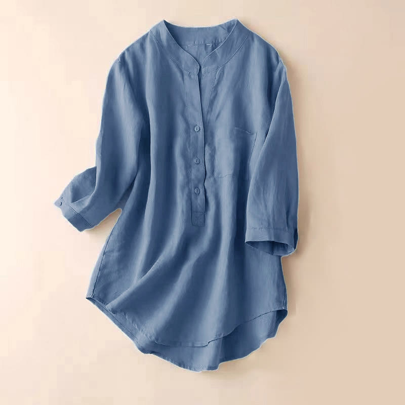 Lässiges Damen-Shirt mit V-Ausschnitt und Dreiviertelärmeln, einfarbig, aus Baumwolle und Leinen