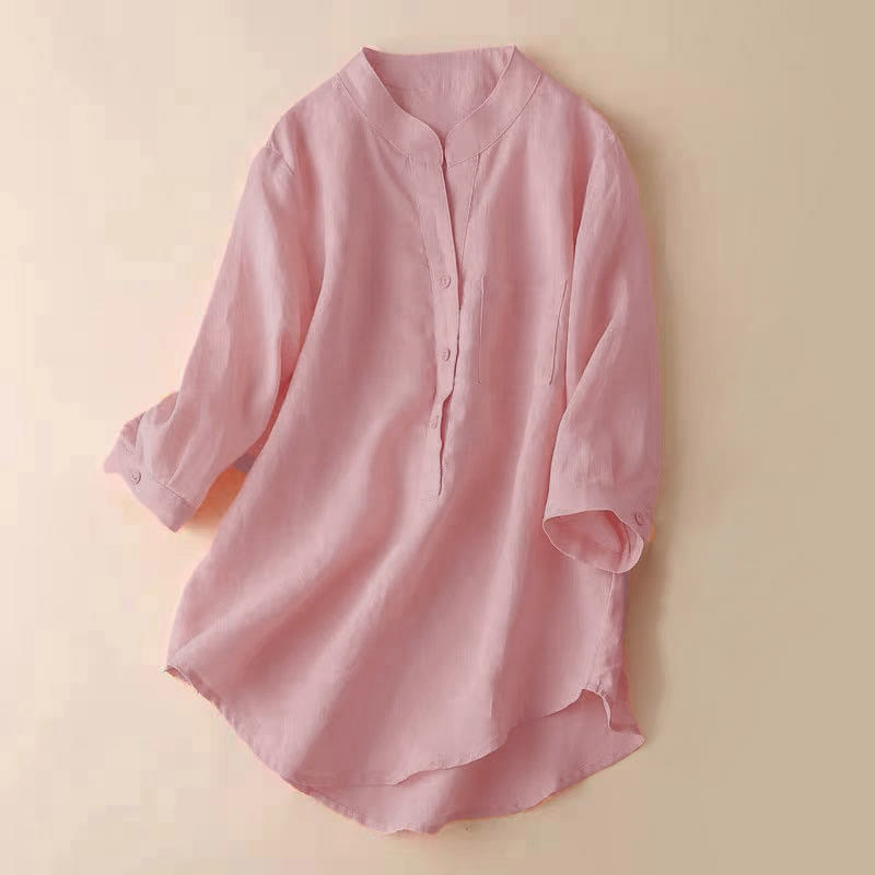 Lässiges Damen-Shirt mit V-Ausschnitt und Dreiviertelärmeln, einfarbig, aus Baumwolle und Leinen