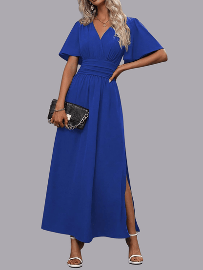 Abito Maxi Plissettato con Scollo V e Spacchi