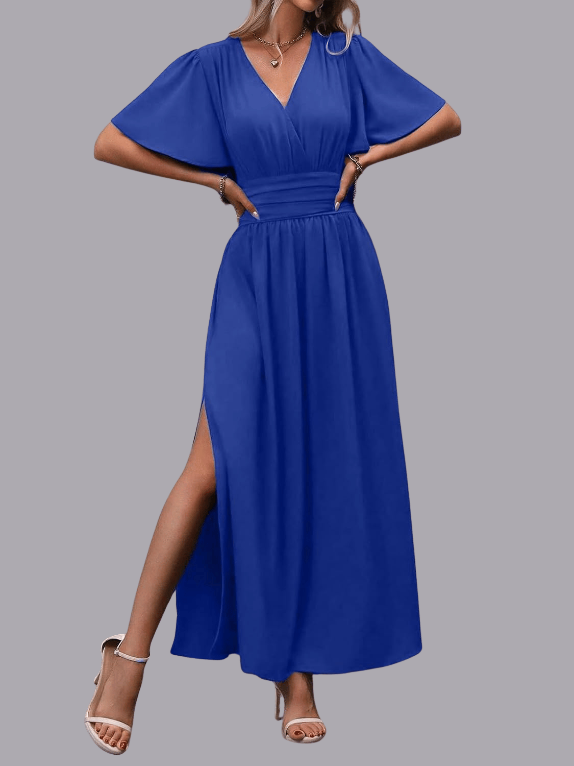 Abito Maxi Plissettato con Scollo V e Spacchi