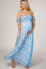 Umstands-Maxikleid mit blauem Blumenmuster und Flatterärmeln
