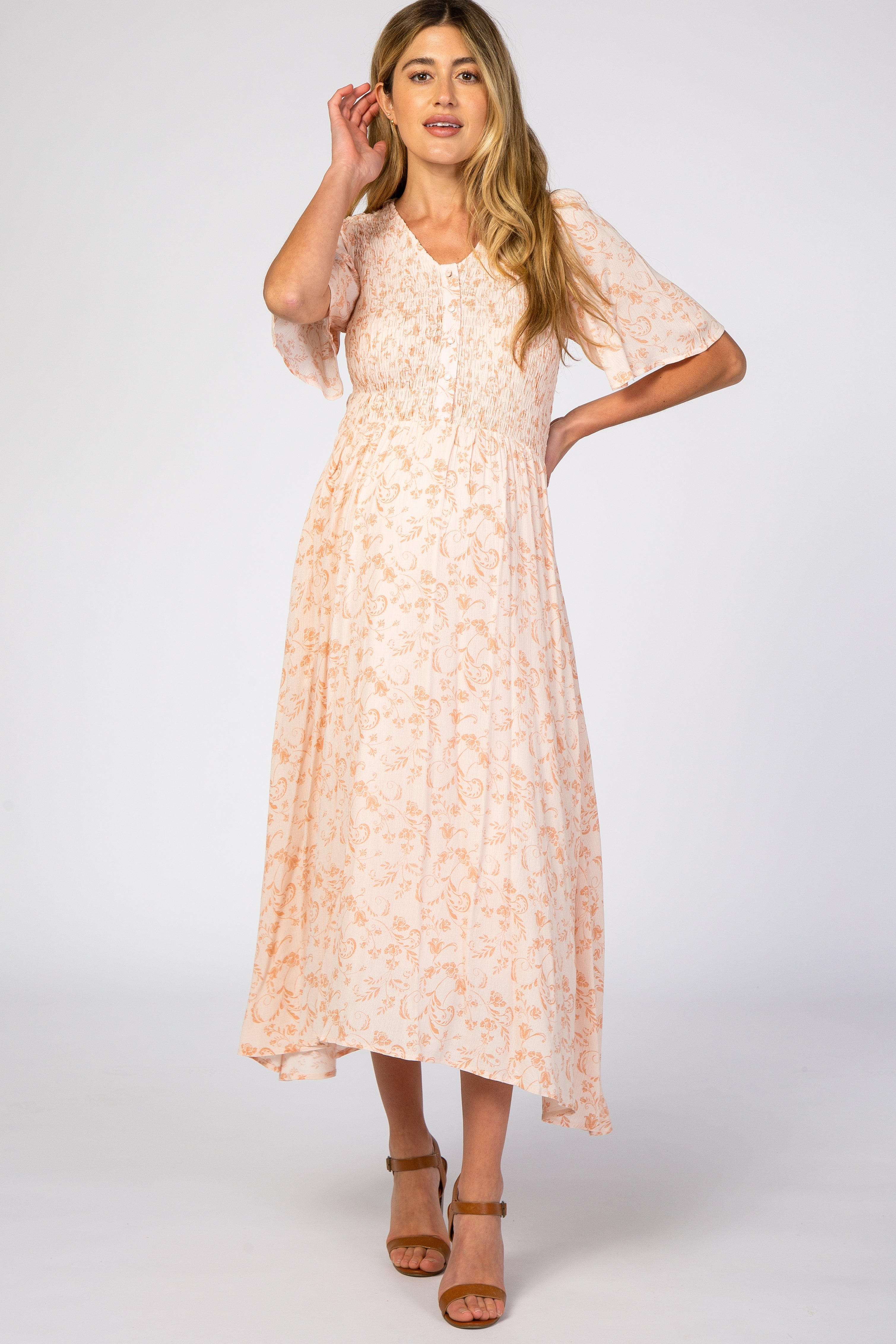 Umstands-Midikleid mit Blumenmuster und Knopfleiste