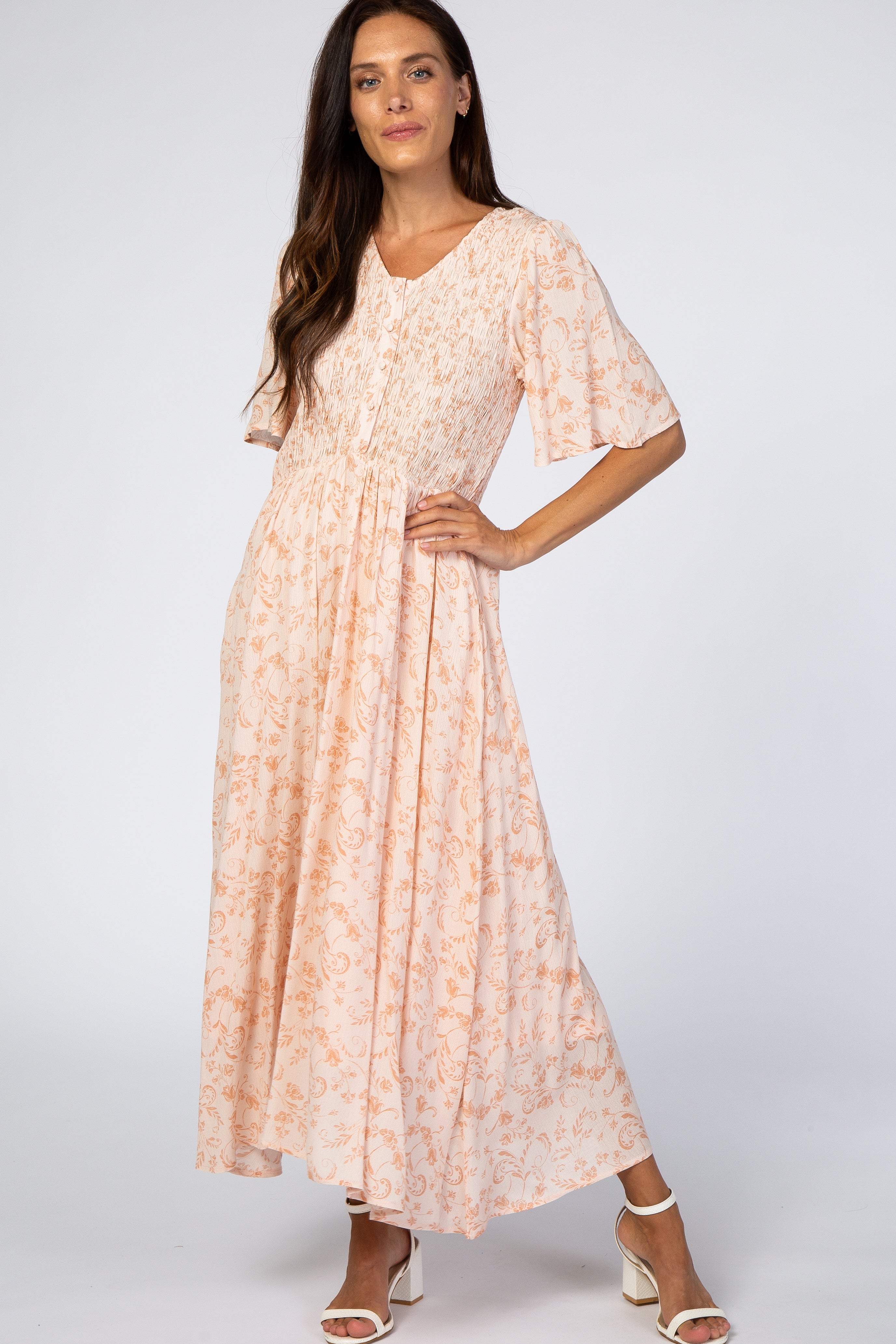 Umstands-Midikleid mit Blumenmuster und Knopfleiste