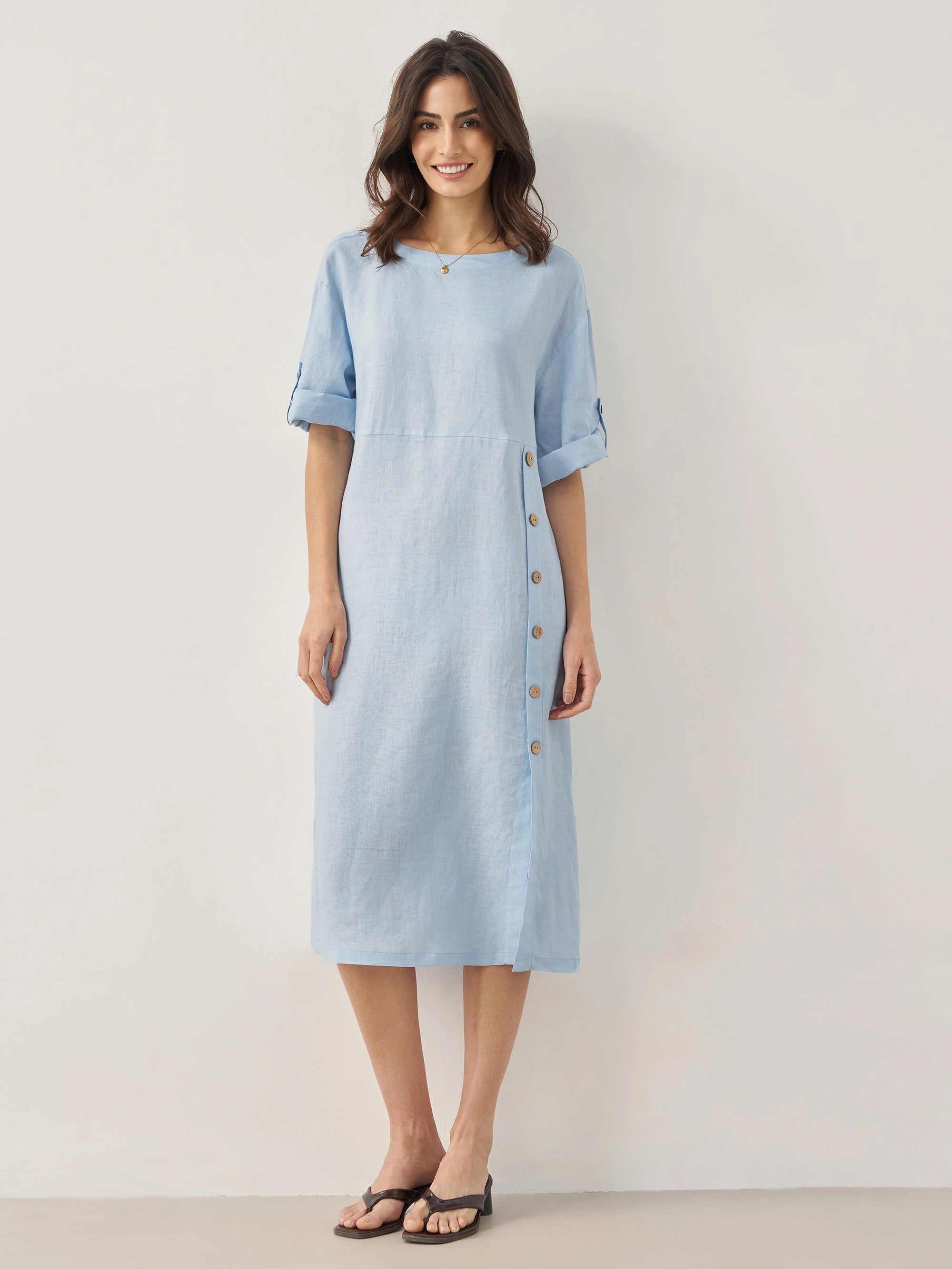 Linnen Midi-jurk met Knoopdetail