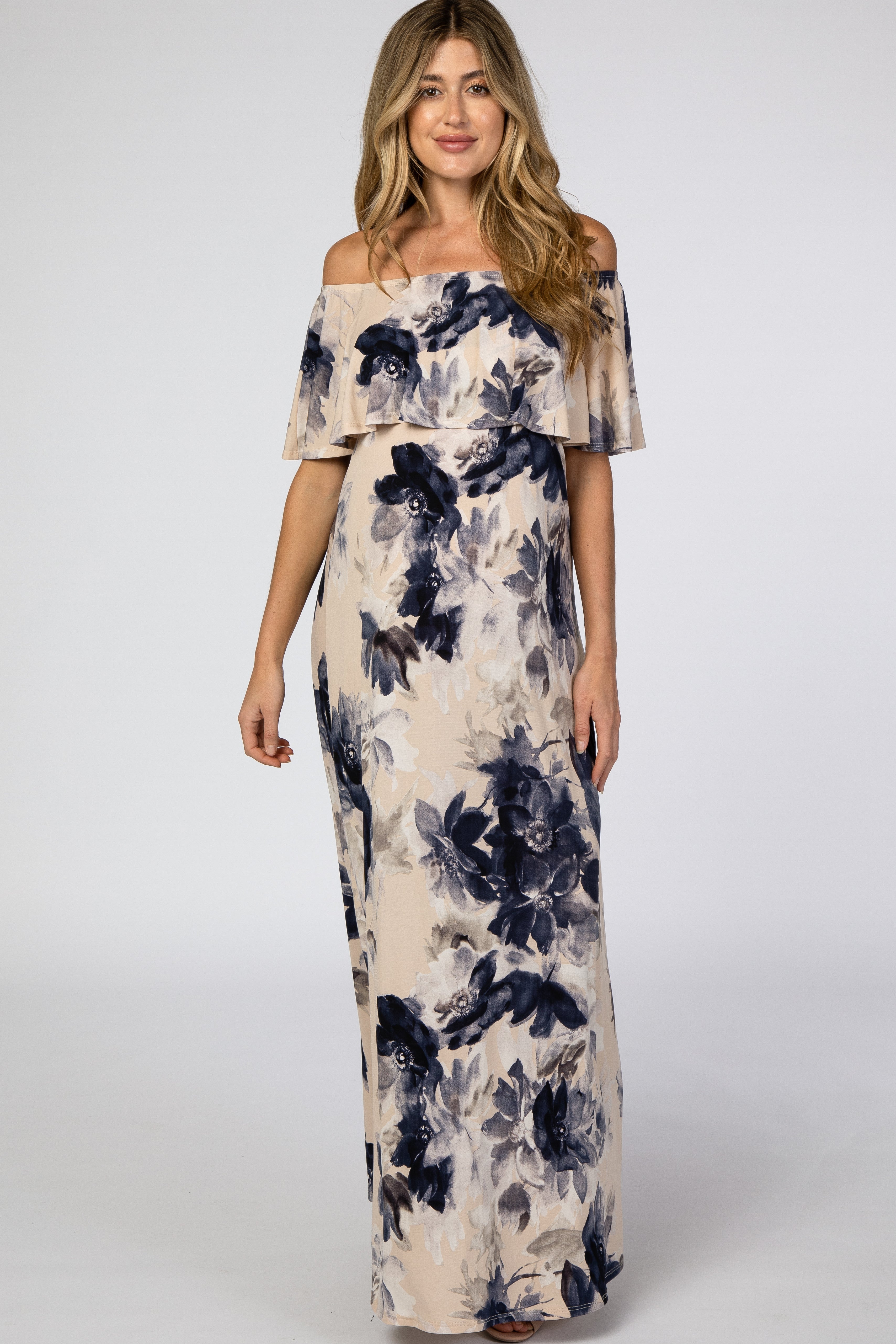 Schulterfreies Umstandsmaxikleid mit Blumenmuster