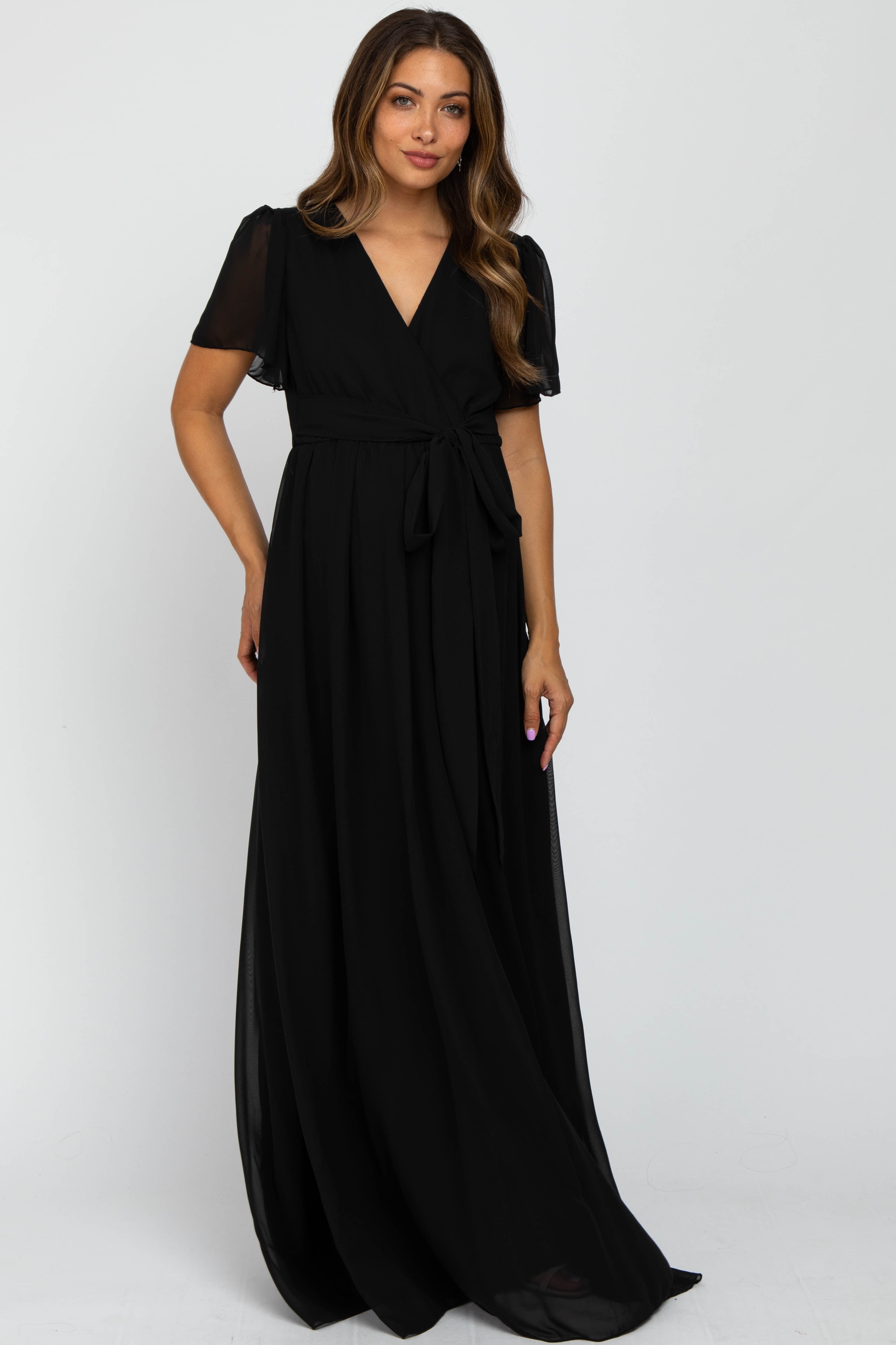 Umstandsmaxikleid aus Chiffon mit kurzen Ärmeln in Schwarz