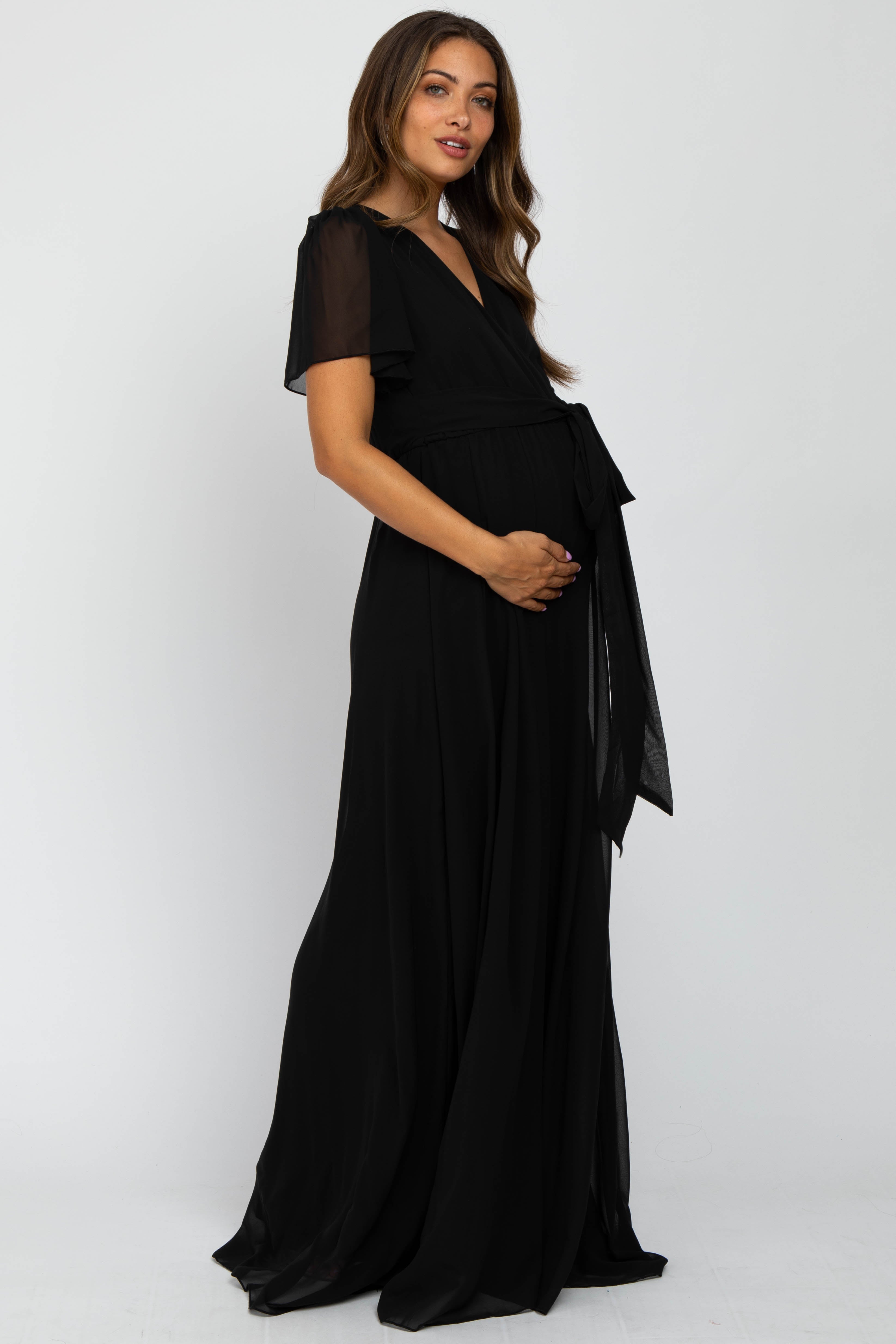 Umstandsmaxikleid aus Chiffon mit kurzen Ärmeln in Schwarz