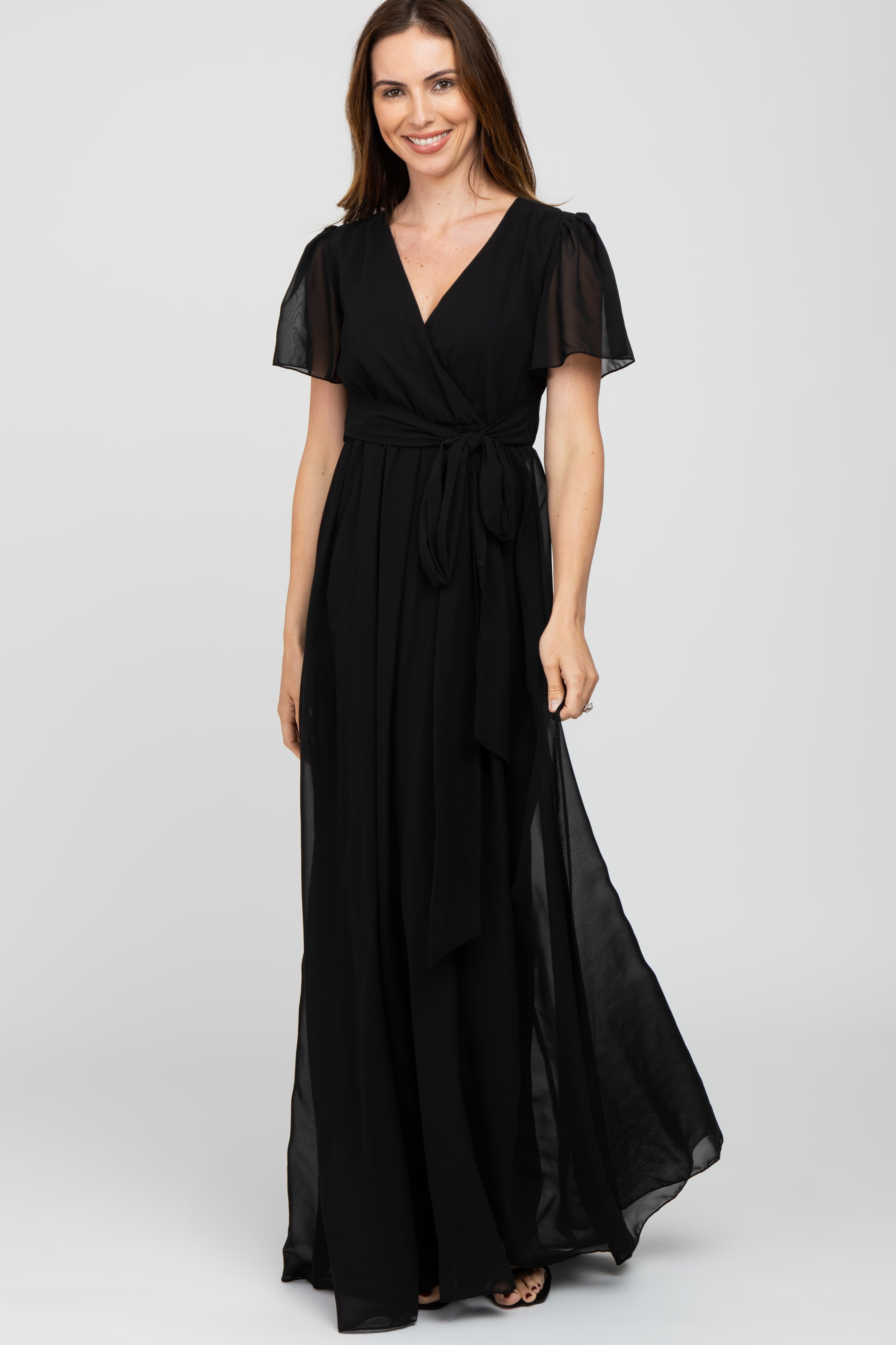Umstandsmaxikleid aus Chiffon mit kurzen Ärmeln in Schwarz