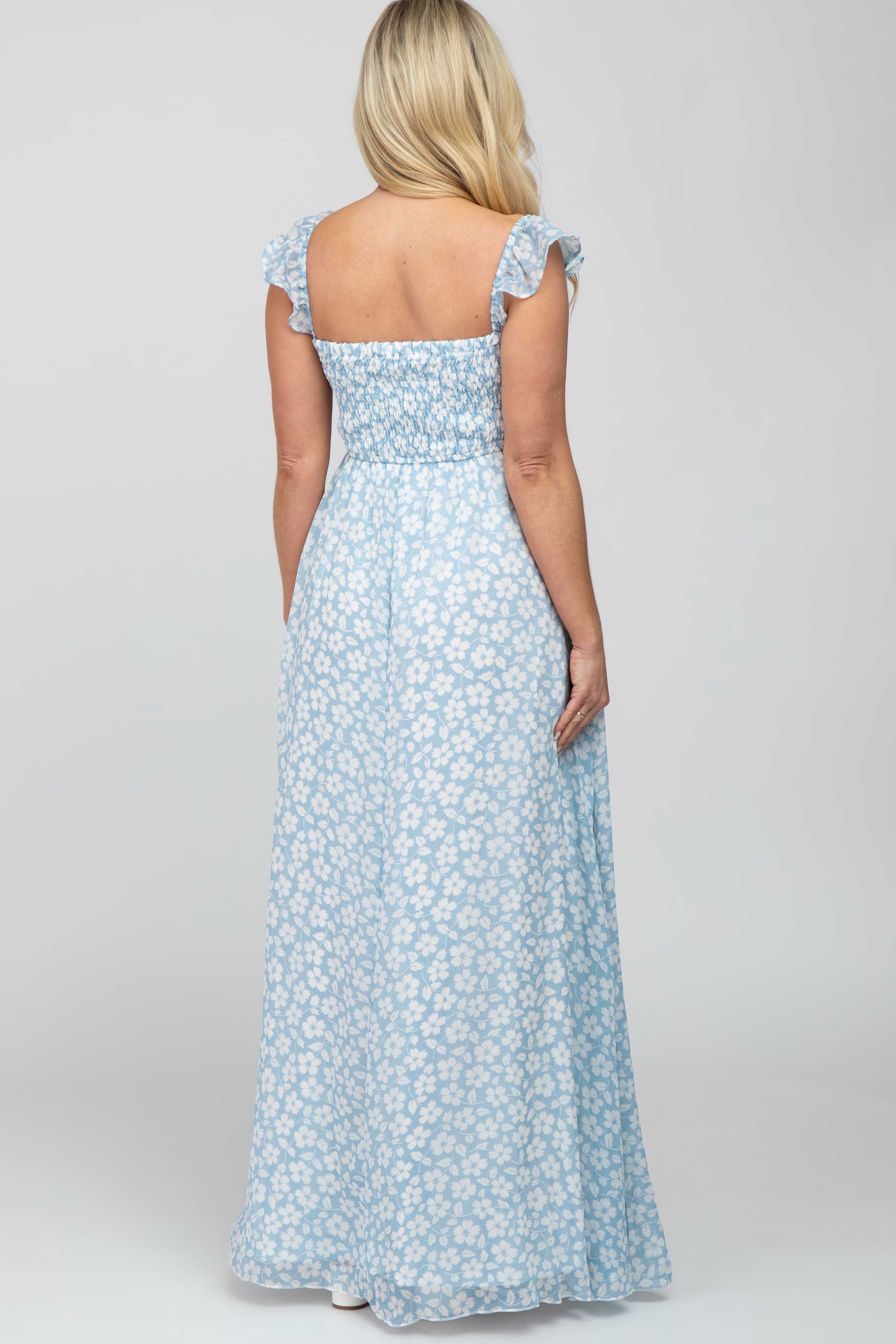 Umstandsmaxikleid aus Chiffon mit Blumenmuster, Herzausschnitt und schulterfreiem Design in Hellblau