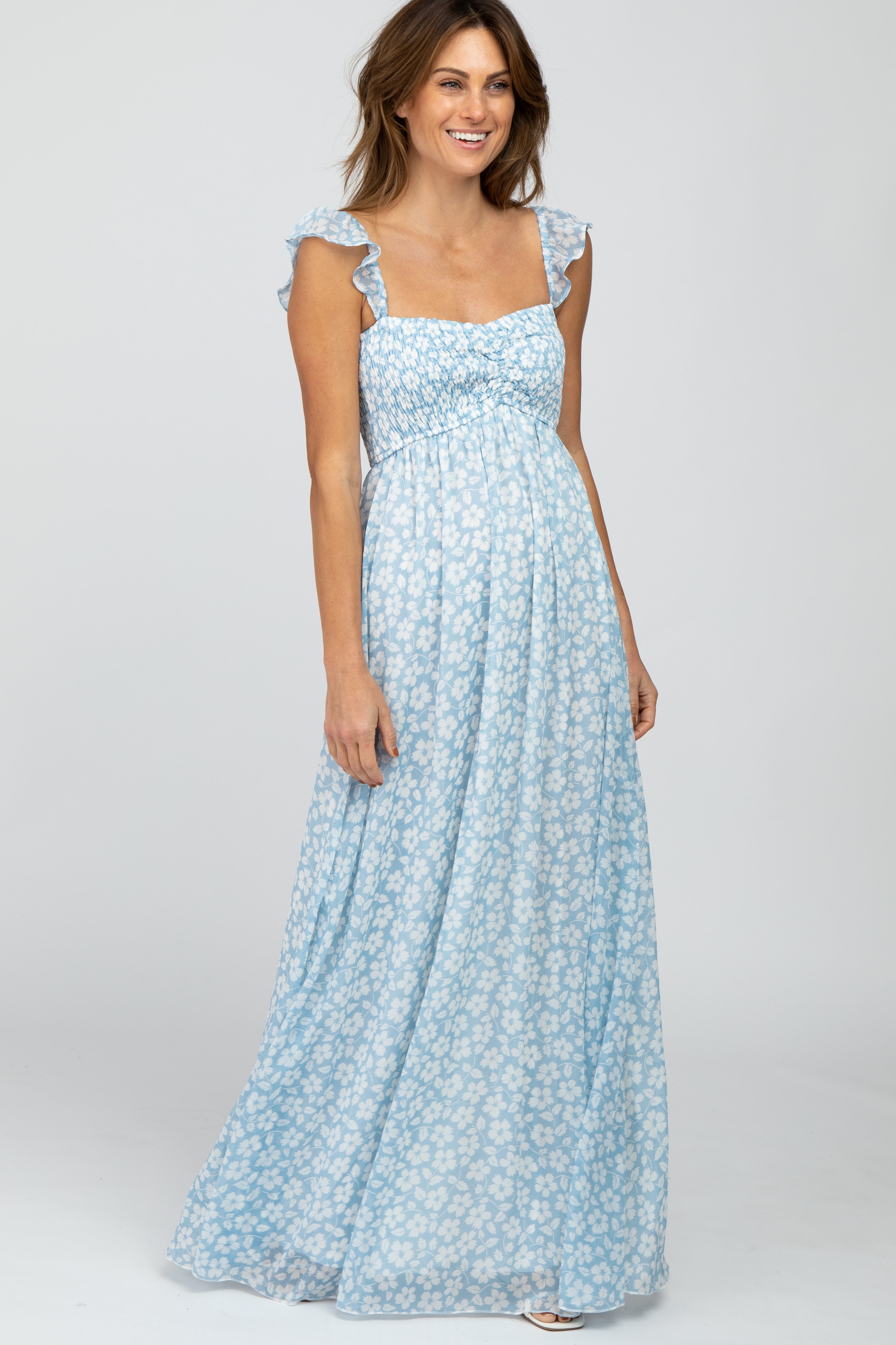 Umstandsmaxikleid aus Chiffon mit Blumenmuster, Herzausschnitt und schulterfreiem Design in Hellblau